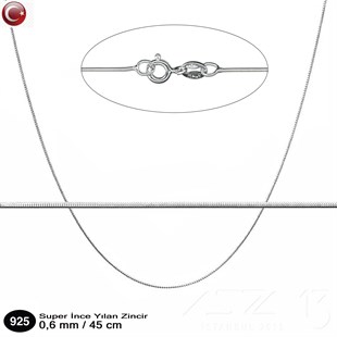 925K Gümüş Üzeri Rodyum Kaplama - Super İnce Yılan Zincir - 0,6 mm x 45 cm - 1 Adet