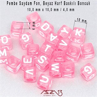 1. Kalite 125 Adet 10 mm Pembe Saydam Fon, Beyaz Harfli Küp Boncuk (100 Gr)