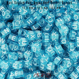 1. Kalite 125 Adet 10 mm Mavi Saydam Fon, Beyaz Harfli Küp Boncuk (100 Gr)