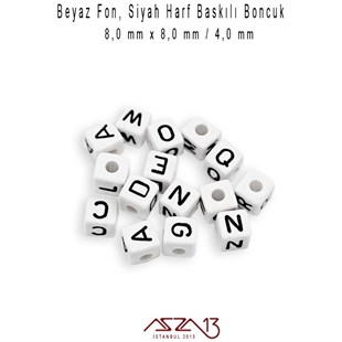 Beyaz Zemin * Siyah Harf - Küp (Zar) Boncuk - 8 mm / 230 Adet
