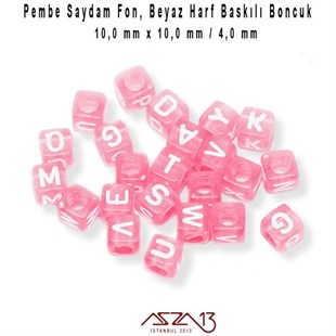 1. Kalite 125 Adet 10 mm Pembe Saydam Fon, Beyaz Harfli Küp Boncuk (100 Gr)