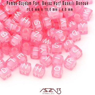 1. Kalite 125 Adet 10 mm Pembe Saydam Fon, Beyaz Harfli Küp Boncuk (100 Gr)