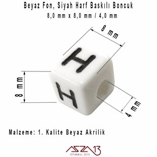Beyaz Zemin * Siyah Harf - Küp (Zar) Boncuk - 8 mm / 230 Adet