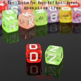 1. Kalite 280 Adet 6 mm Renkli Saydam Fon, Beyaz Harfli Küp Boncuk (50 Gr)