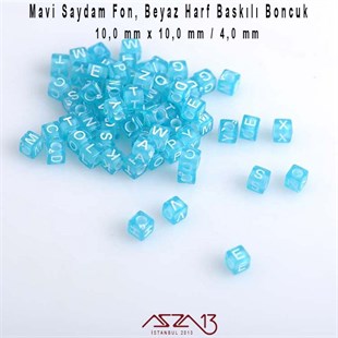 1. Kalite 125 Adet 10 mm Mavi Saydam Fon, Beyaz Harfli Küp Boncuk (100 Gr)