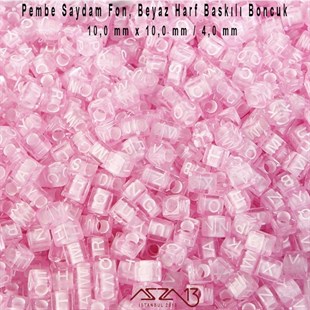 1. Kalite 125 Adet 10 mm Pembe Saydam Fon, Beyaz Harfli Küp Boncuk (100 Gr)