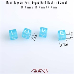 1. Kalite 125 Adet 10 mm Mavi Saydam Fon, Beyaz Harfli Küp Boncuk (100 Gr)