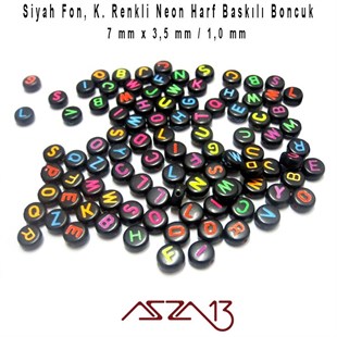 385 Adet 7 mm Siyah Fon, Karışık Neon Renkli Harfli Yassı Yuvarlak Boncuk (50 Gr)