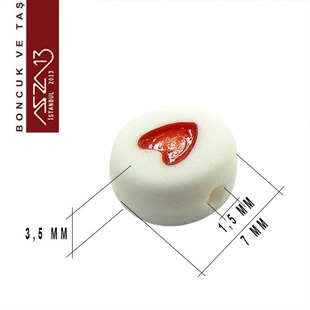 50 Adet 7 mm Beyaz Fon, Kırmızı Kalpli Yassı YuvarlakBoncuk (6,6 Gr)