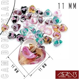 Karışık Renk, Kalp, 11x11 mm Lampwork Cam Boncuk / Paket İçeriği 5 Adet