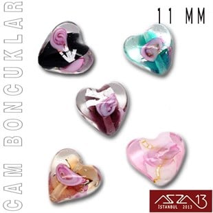 Karışık Renk, Kalp, 11x11 mm Lampwork Cam Boncuk / Paket İçeriği 5 Adet