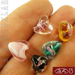 Karışık Renk, Kalp, 11x11 mm Lampwork Cam Boncuk / Paket İçeriği 5 Adet