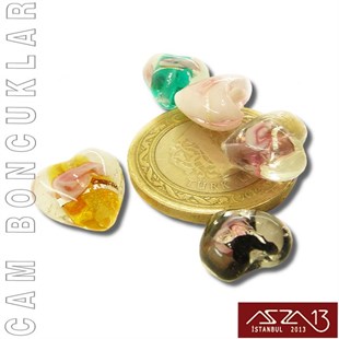 Karışık Renk, Kalp, 11x11 mm Lampwork Cam Boncuk / Paket İçeriği 5 Adet