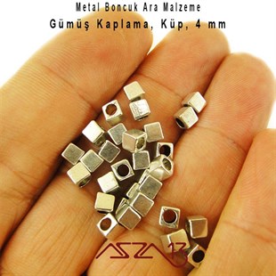 Gümüş, 4 mm Küp Metal Boncuk / Paket İçeriği 40 Adet