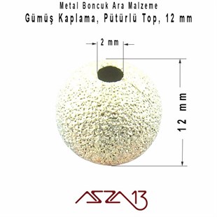 Gümüş Kaplamalı 12 mm Pütürlü Yuvarlak Pirinç Boncuk / Paket İçeriği 2 Adet