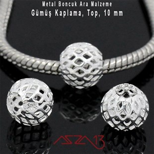 Gümüş Kaplamalı 10 mm Yuvarlak Bakır Boncuk / Paket İçeriği 2 Adet