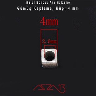 Gümüş, 4 mm Küp Metal Boncuk / Paket İçeriği 40 Adet