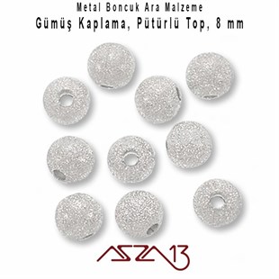 Gümüş Kaplamalı 8 mm Pütürlü Yuvarlak Pirinç Boncuk / Paket İçeriği 10 Adet