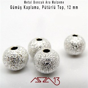 Gümüş Kaplamalı 12 mm Pütürlü Yuvarlak Pirinç Boncuk / Paket İçeriği 2 Adet