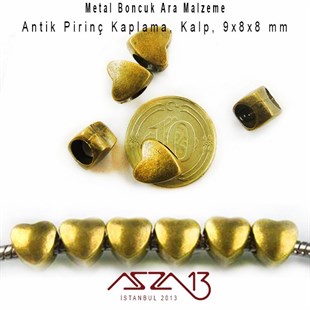 Antik Pirinç, 9x8x8 mm Kalp Metal Boncuk / Paket İçeriği 5 Adet