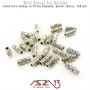 Antik Altın,Gümüş ve Pirinç Kaplama -  8x3 mm Boru (Şarnel) Zamak Boncuk / 20 Adet