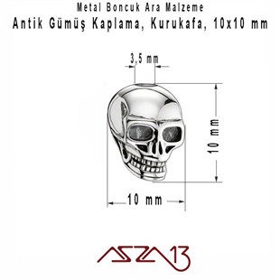 Antik Gümüş 10 mm Pirinç Kurukafa / Paket İçeriği 1 Adet