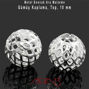 Gümüş Kaplamalı 10 mm Yuvarlak Bakır Boncuk / Paket İçeriği 2 Adet