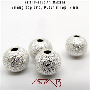 Gümüş Kaplamalı 8 mm Pütürlü Yuvarlak Pirinç Boncuk / Paket İçeriği 10 Adet