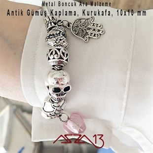 Antik Gümüş 10 mm Pirinç Kurukafa / Paket İçeriği 1 Adet