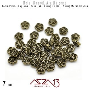 Antik Pirinç Kaplama -  9 mm Yuvarlak ve 7 mm Gül Zamak Boncuk / 10 Adet