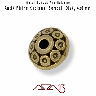 Antik Pirinç, 6/4 mm Disk Metal Boncuk / Paket İçeriği 20 Adet