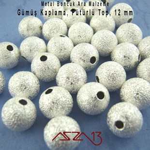 Gümüş Kaplamalı 12 mm Pütürlü Yuvarlak Pirinç Boncuk / Paket İçeriği 2 Adet