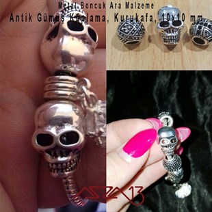 Antik Gümüş 10 mm Pirinç Kurukafa / Paket İçeriği 1 Adet