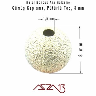 Gümüş Kaplamalı 8 mm Pütürlü Yuvarlak Pirinç Boncuk / Paket İçeriği 10 Adet