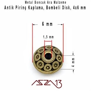 Antik Pirinç, 6/4 mm Disk Metal Boncuk / Paket İçeriği 20 Adet