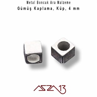 Gümüş, 4 mm Küp Metal Boncuk / Paket İçeriği 40 Adet