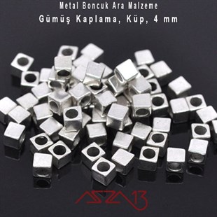 Gümüş, 4 mm Küp Metal Boncuk / Paket İçeriği 40 Adet