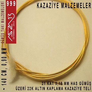 21 Kat (18 Mikron Telden), 140 cm, 1000K Gümüş 22K Altın Kaplamalı Kazaziye Teli / Paket İçeriği 1 Adet