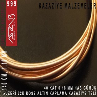 40 Kat (18 Mikron Telden), 140 cm, 1000K Gümüş 22K Rose Altın Kaplamalı Kazaziye Teli / Paket İçeriği 1 Adet