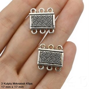 Klips - Mıknatıslı - Üç Kulplu ve Antik Gümüş Kaplamalı - 17x17 mm / 1 Adet