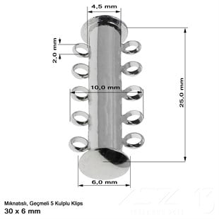 Klips - Mıknatıslı ve Kızaklı - Beş Kulplu, Rodyum Kaplamalı - 30 mm / 1 Adet