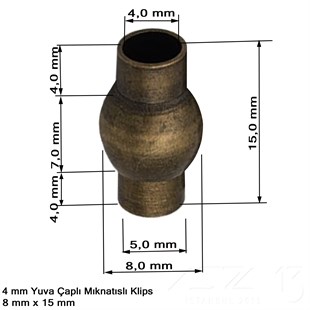 Klips - Mıknatıslı, Bombeli Silindirik - Yuvalı ve Antik Pirinç Kaplamalı - 4 mm / 1 Adet
