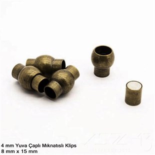 Klips - Mıknatıslı, Bombeli Silindirik - Yuvalı ve Antik Pirinç Kaplamalı - 4 mm / 1 Adet