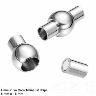 Klips - Mıknatıslı, Bombeli Silindirik - Yuvalı ve Rodyum Kaplamalı - 4 mm / 1 Adet