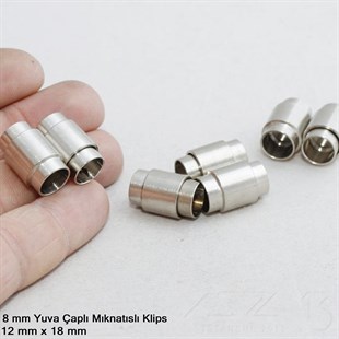 Klips - Mıknatıslı, Silindirik - Yuvalı ve Rodyum Kaplamalı - 8 mm / 1 Adet