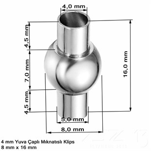 Klips - Mıknatıslı, Bombeli Silindirik - Yuvalı ve Rodyum Kaplamalı - 4 mm / 1 Adet