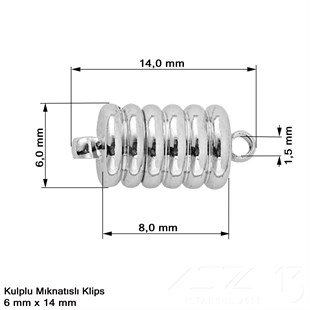 Klips - Mıknatıslı - Kulplu, Yivli Silindir,  Rodyum Kaplamalı - 14 mm / 1 Adet