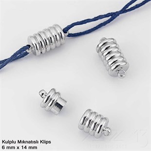 Klips - Mıknatıslı - Kulplu, Yivli Silindir,  Rodyum Kaplamalı - 14 mm / 1 Adet