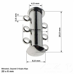 Klips - Mıknatıslı ve Kızaklı - Üç Kulplu, Rodyum Kaplamalı - 20 mm / 1 Adet