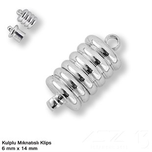 Klips - Mıknatıslı - Kulplu, Yivli Silindir,  Rodyum Kaplamalı - 14 mm / 1 Adet
